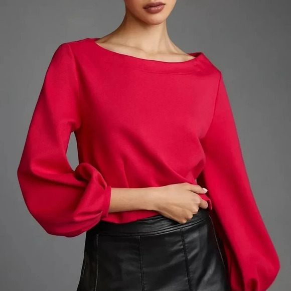 Maeve × Anthropologie Corset Poof Sleeve Crop Shirt Top Fushia Pink Size Small - Picture 2 of 11